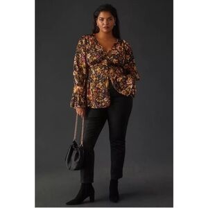 ANTHROPOLOGIE Button Front Deep V-neck Tunic Floral Blouse Top Black XL NWT